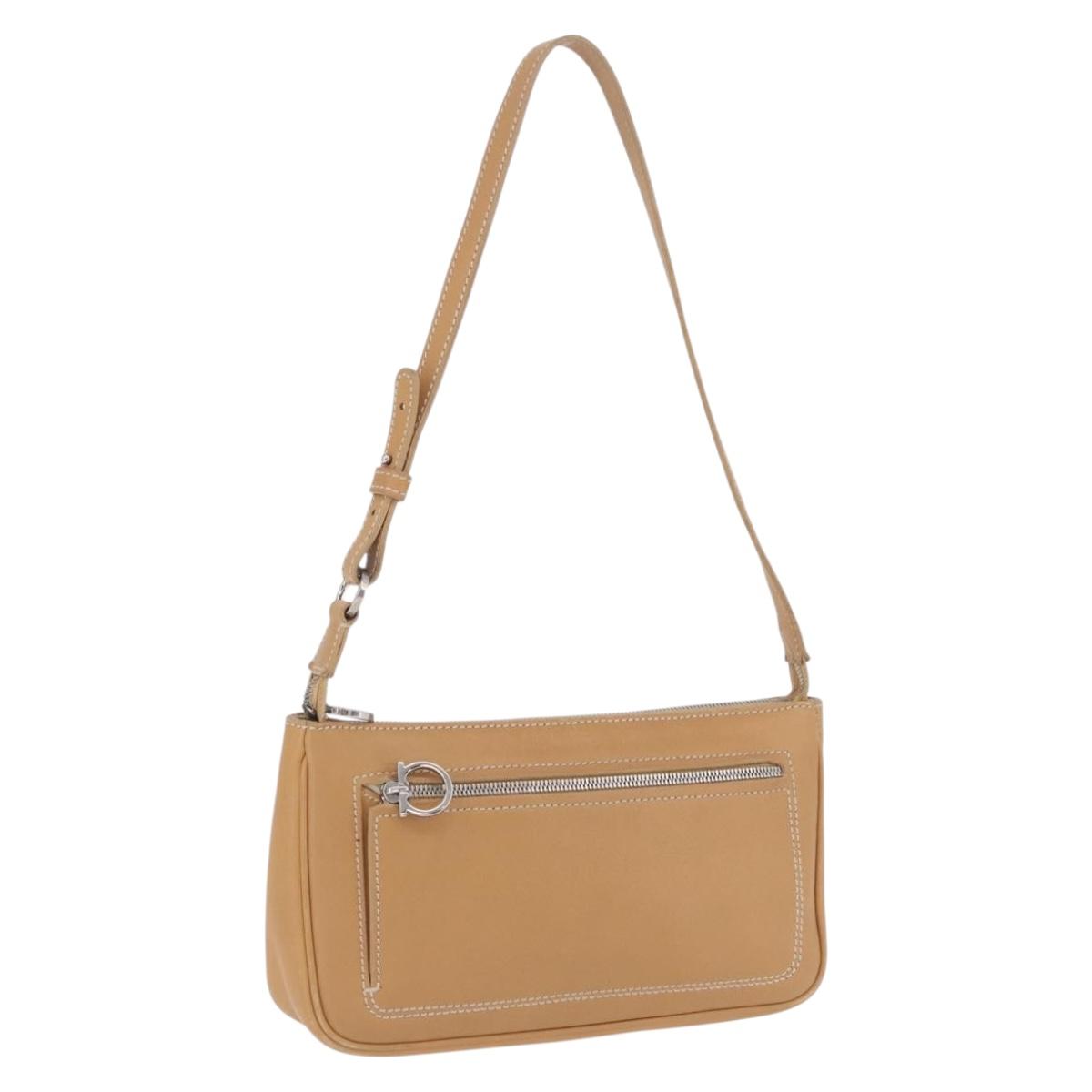 Salvatore Ferragamo Accessory Pouch Leather Beige Silver Auth 201289A