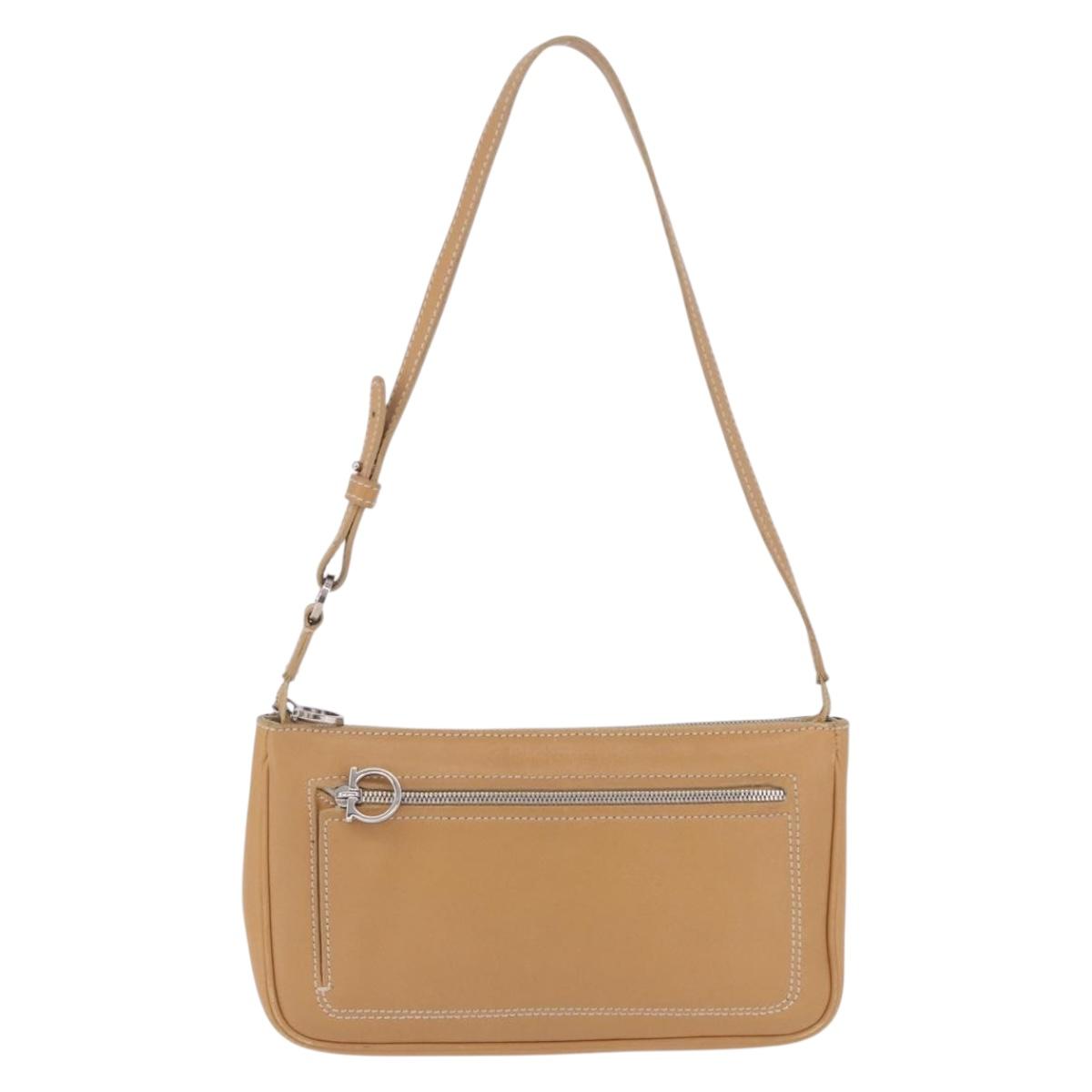 Salvatore Ferragamo Accessory Pouch Leather Beige Silver Auth 201289A