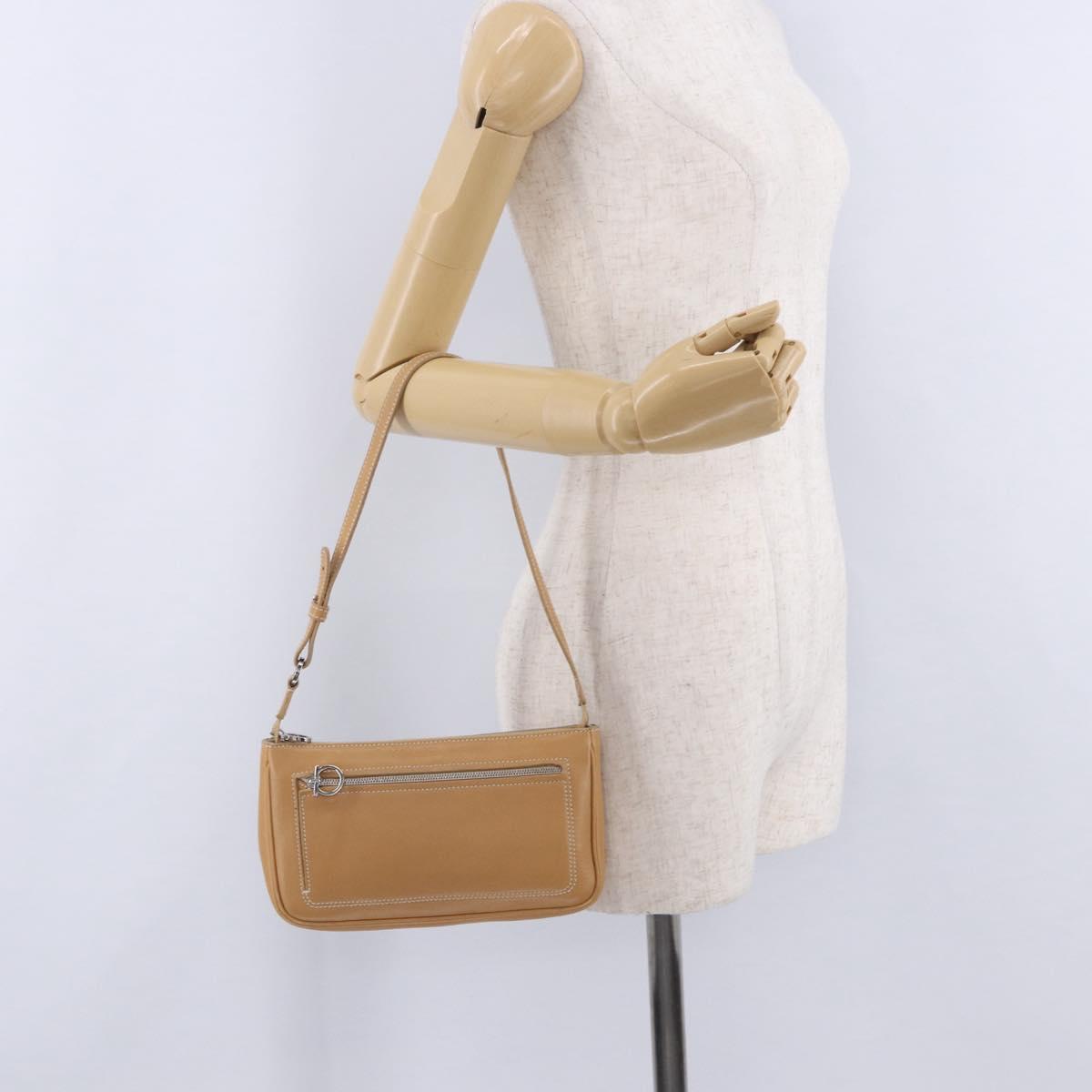 Salvatore Ferragamo Accessory Pouch Leather Beige Silver Auth 201289A