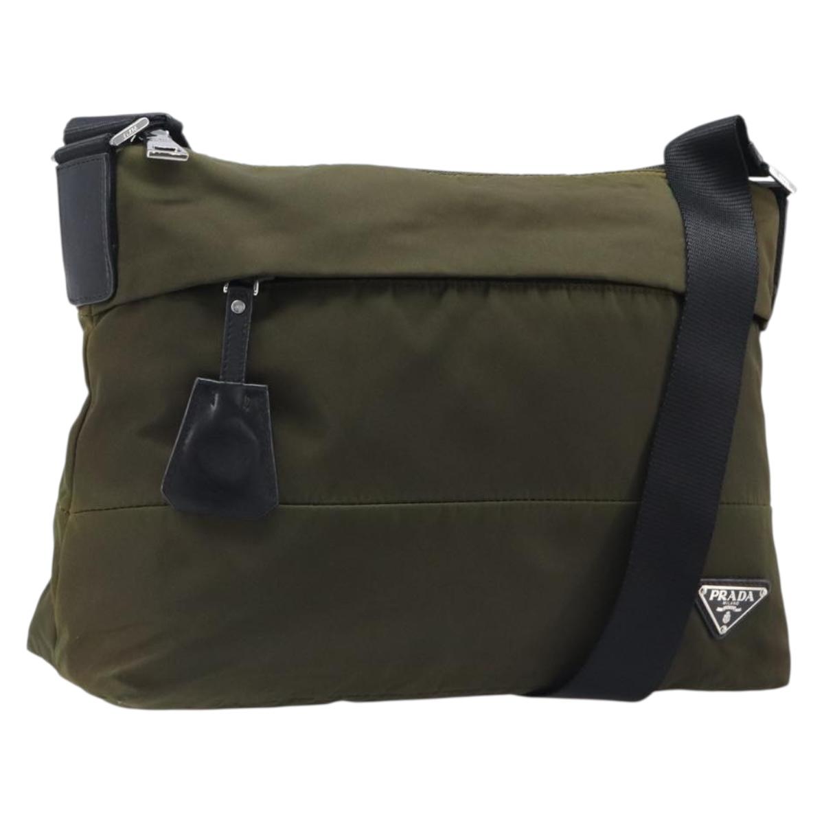 PRADA Shoulder Bag Nylon Khaki Silver Auth 201291A