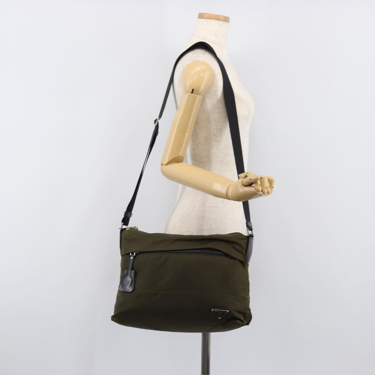 PRADA Shoulder Bag Nylon Khaki Silver Auth 201291A