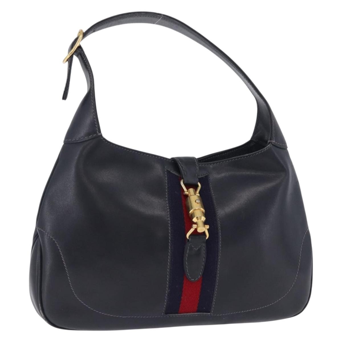 GUCCI Jackie Hand Bag Leather Navy Gold Tone Auth 201295V