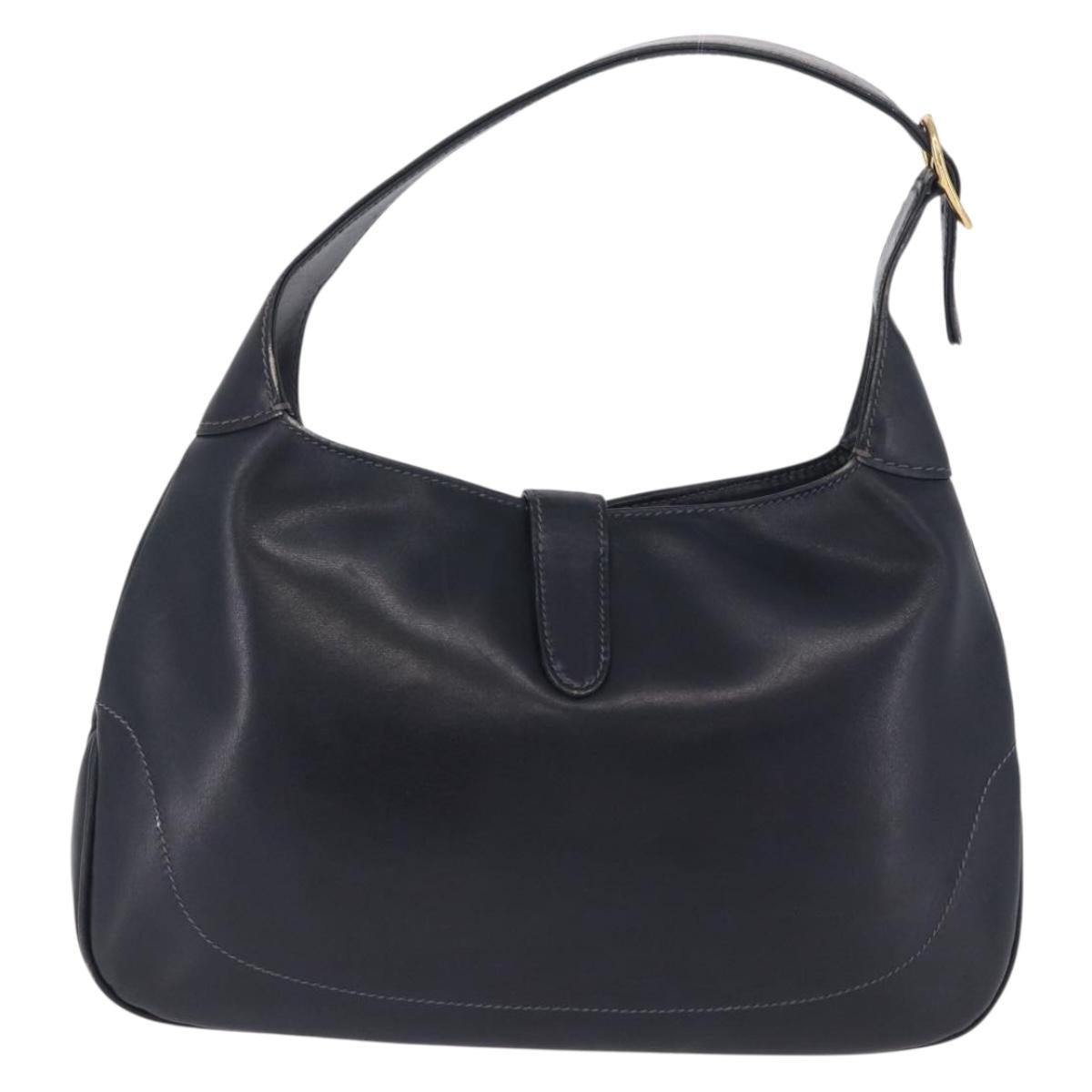 GUCCI Jackie Hand Bag Leather Navy Gold Tone Auth 201295V