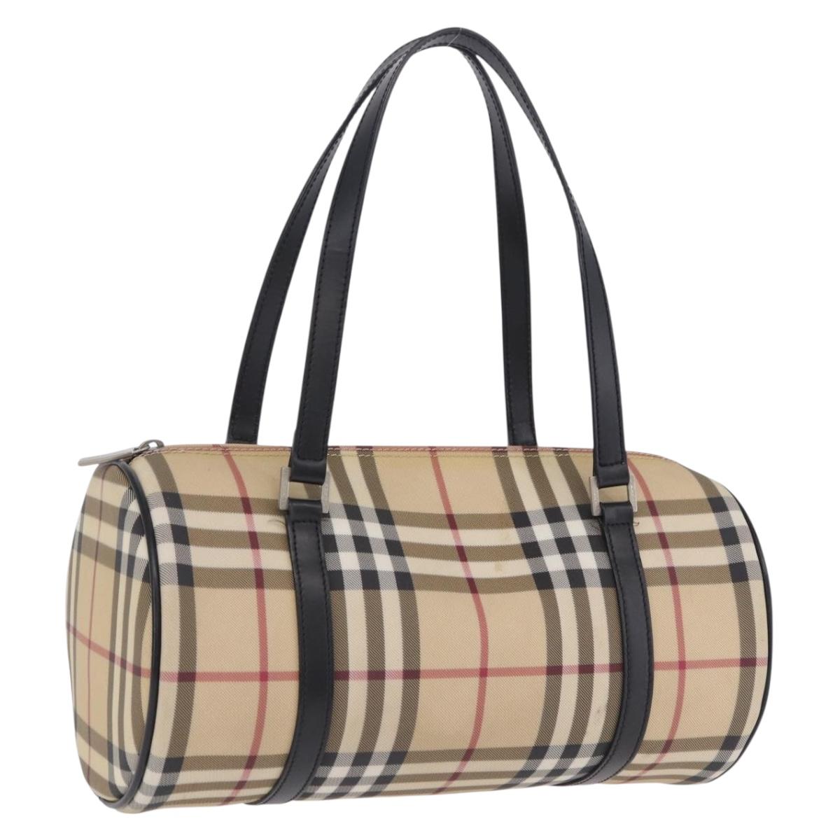 BURBERRY Nova Check Hand Bag PVC Leather Beige Silver Auth 201315V