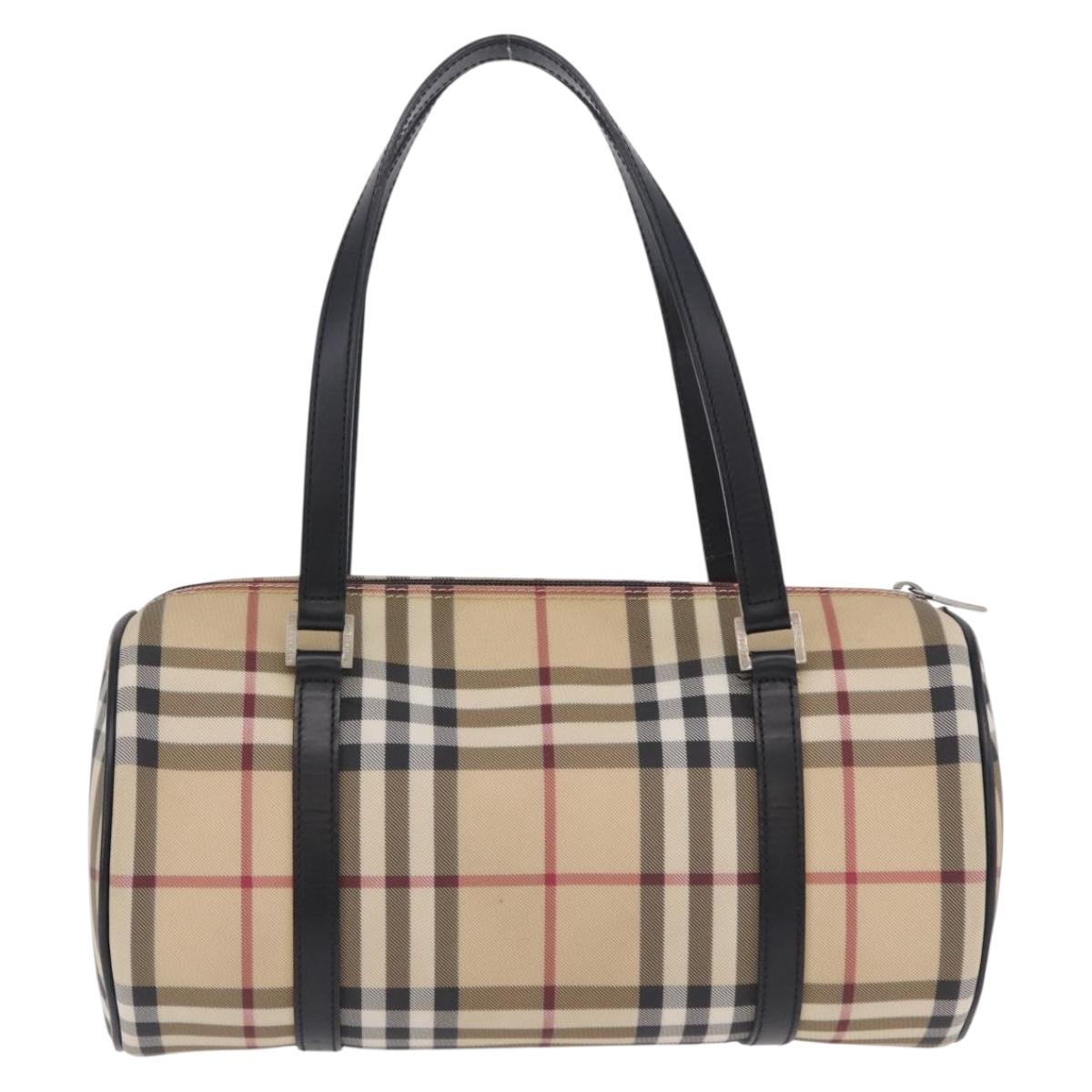 BURBERRY Nova Check Hand Bag PVC Leather Beige Silver Auth 201315V