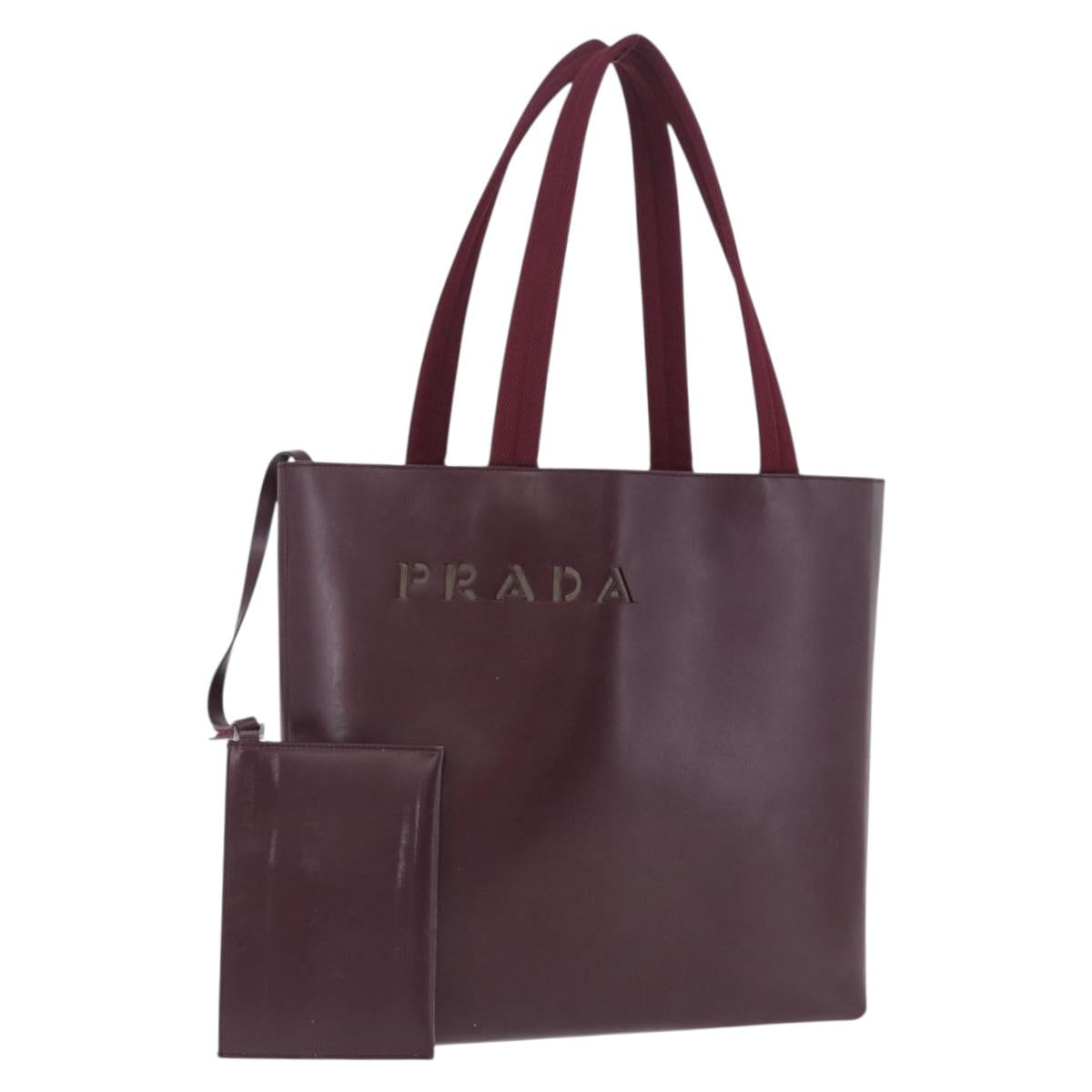 PRADA Tote Bag Leather Wine Red Auth 201318