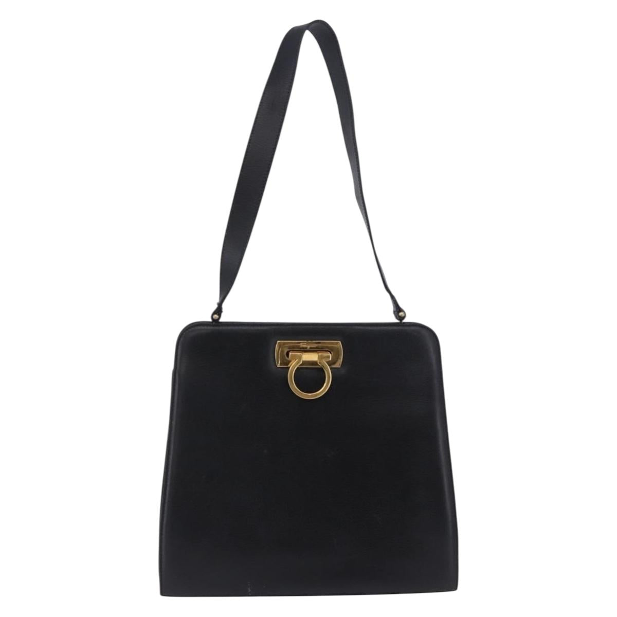 Salvatore Ferragamo Gancini Shoulder Bag Leather Black Gold Tone Auth 201321