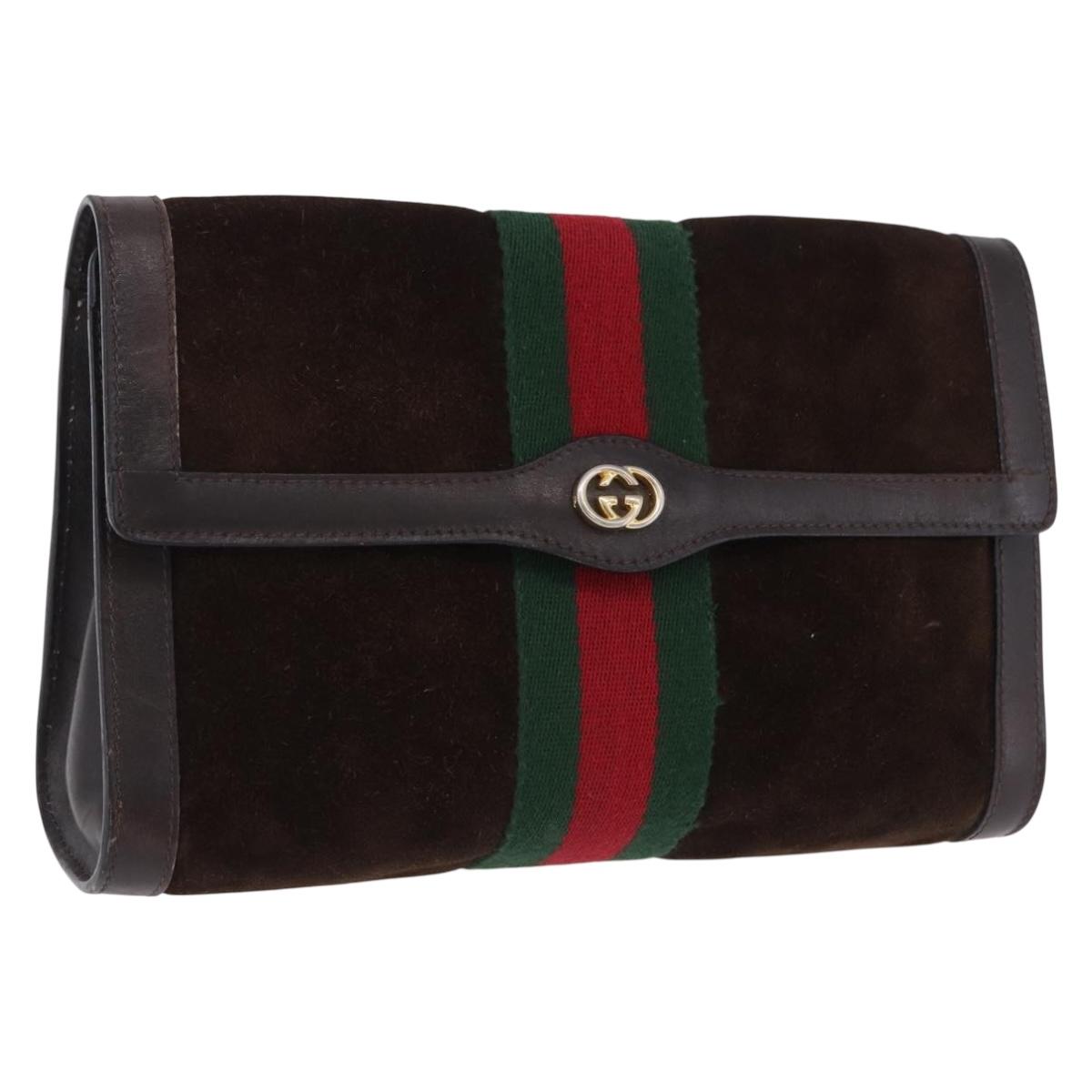 GUCCI Clutch Bag Suede Brown Gold Tone Auth 201327A