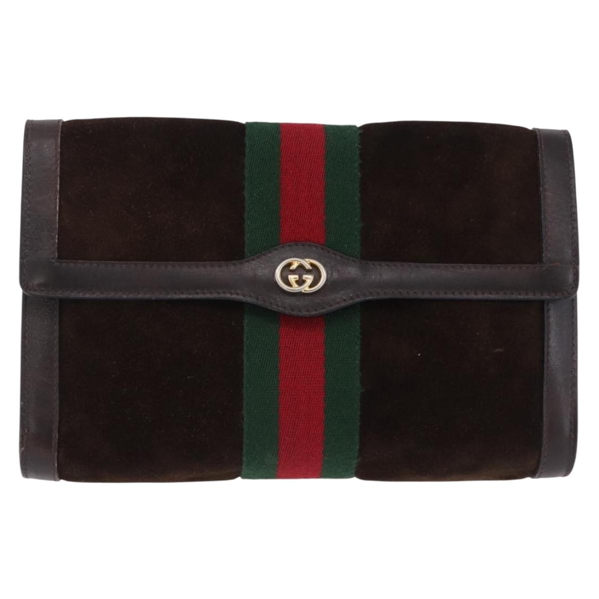 GUCCI Clutch Bag Suede Brown Gold Tone Auth 201327A