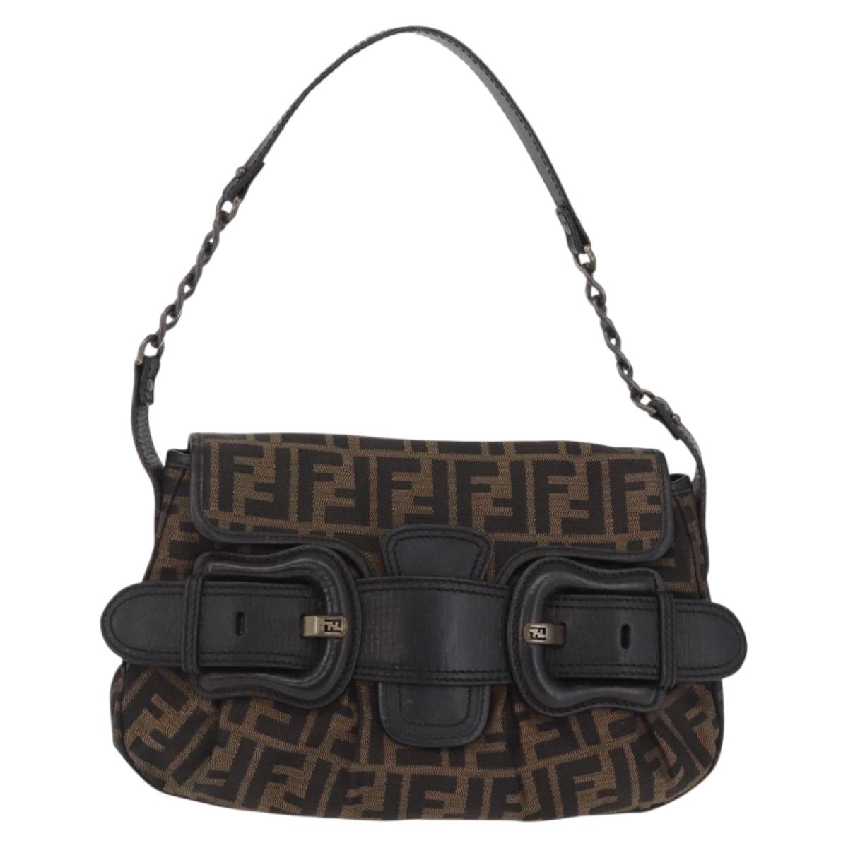 FENDI Zucca Canvas Chain Shoulder Bag Black Brown Auth 201338V