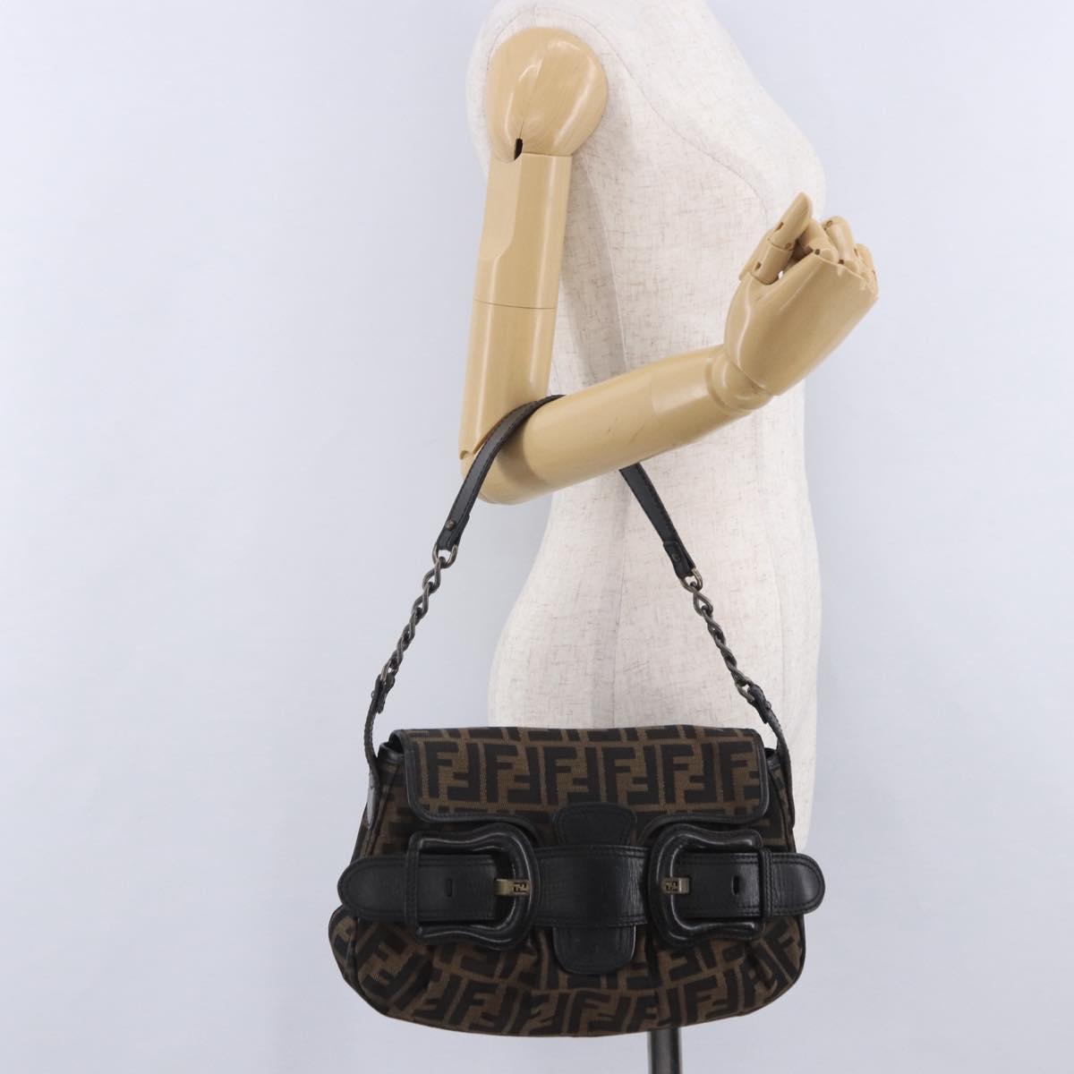 FENDI Zucca Canvas Chain Shoulder Bag Black Brown Auth 201338V
