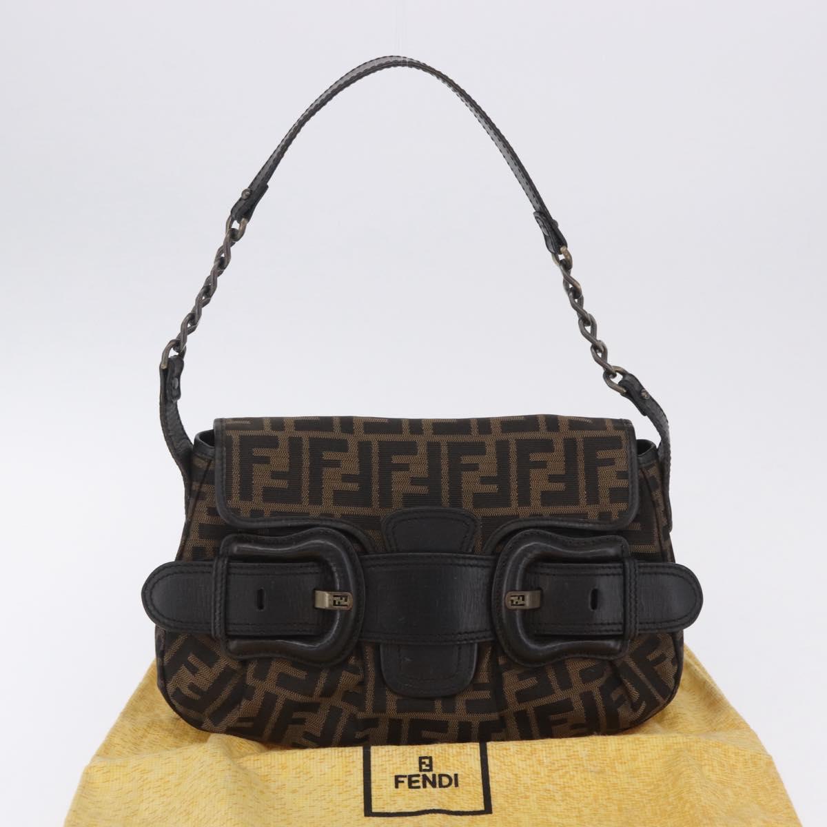 FENDI Zucca Canvas Chain Shoulder Bag Black Brown Auth 201338V