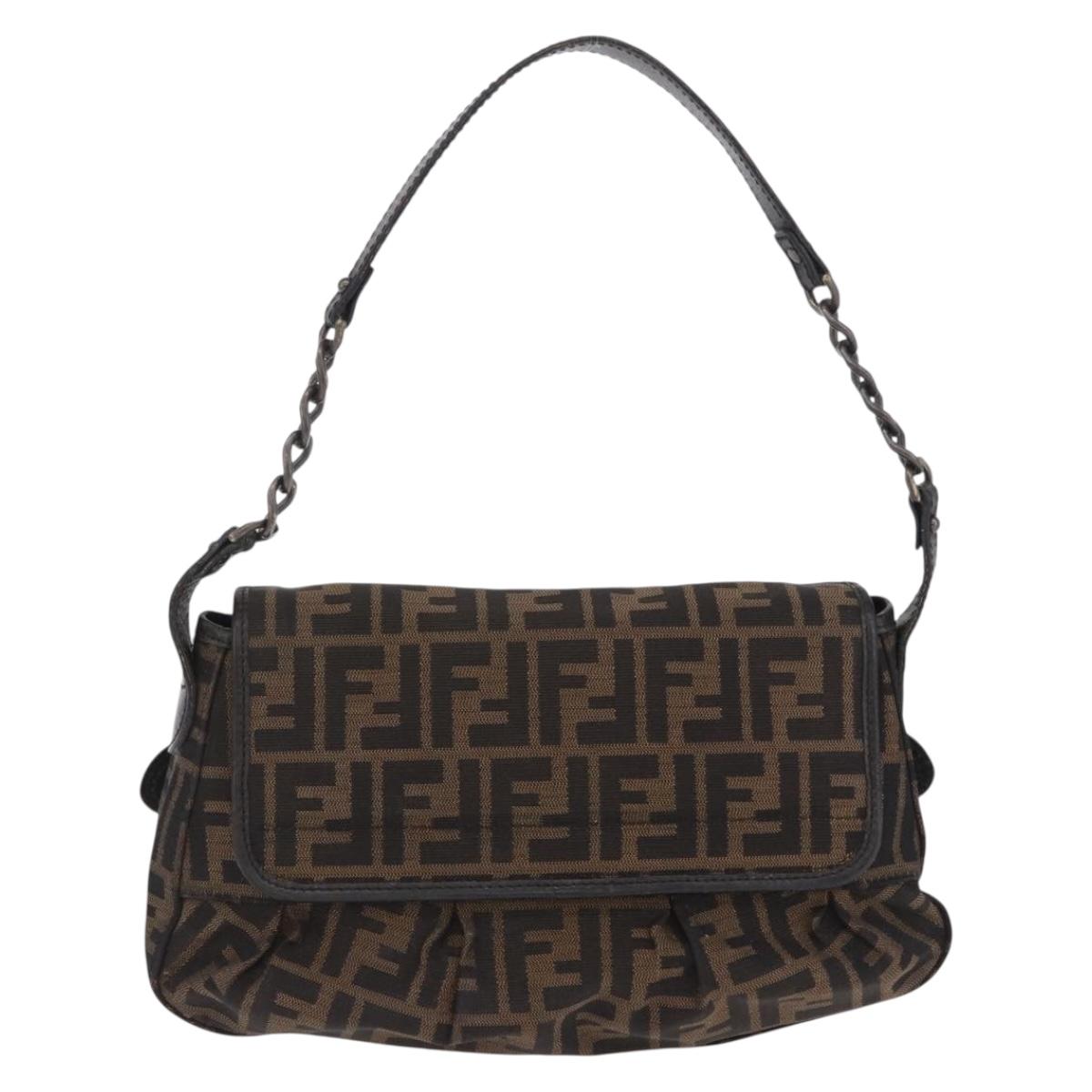 FENDI Zucca Canvas Chain Shoulder Bag Black Brown Auth 201338V