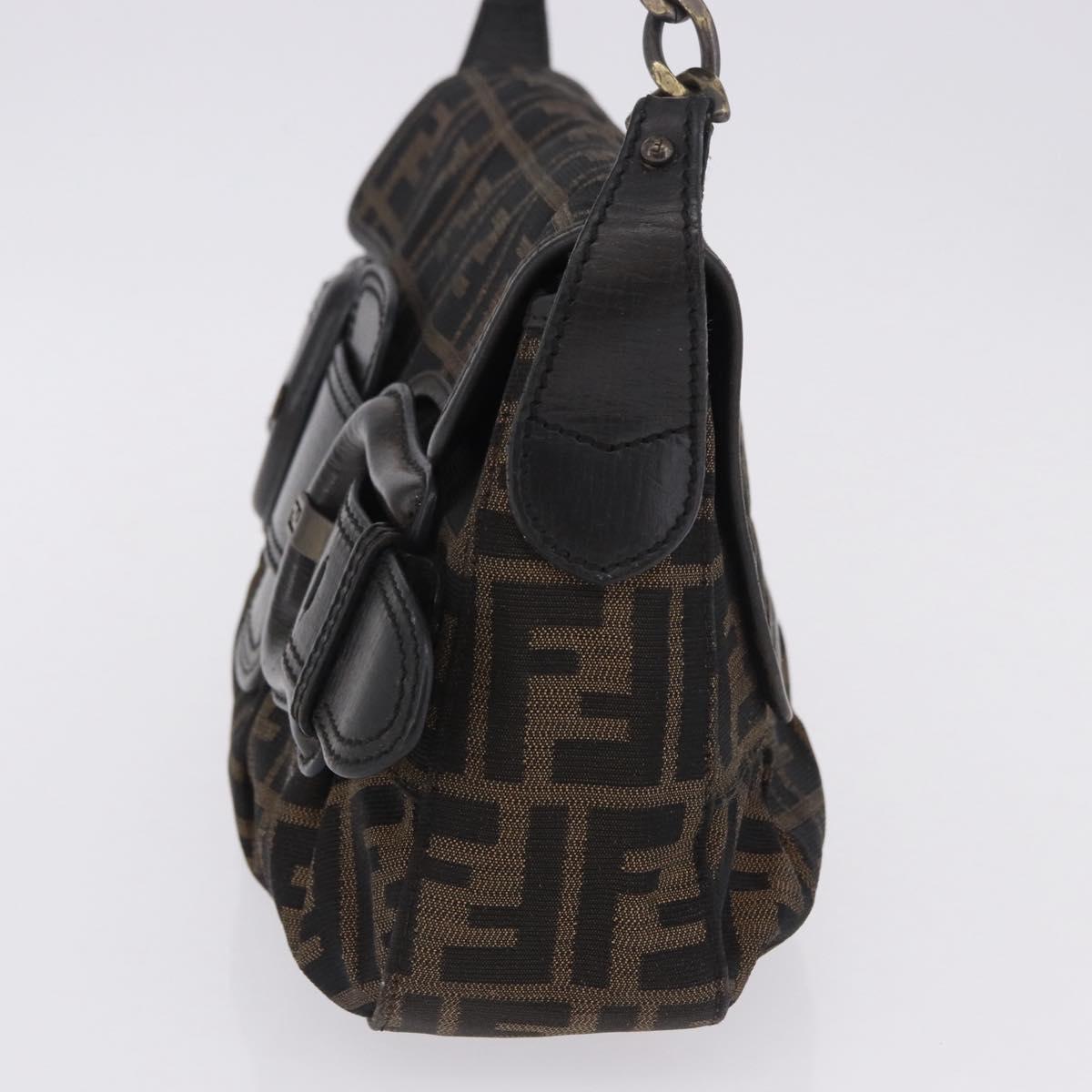 FENDI Zucca Canvas Chain Shoulder Bag Black Brown Auth 201338V
