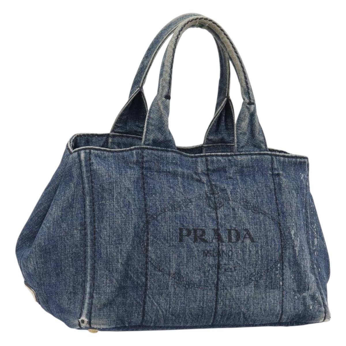 PRADA Canapa MM Hand Bag Denim Blue Gold Auth 201344