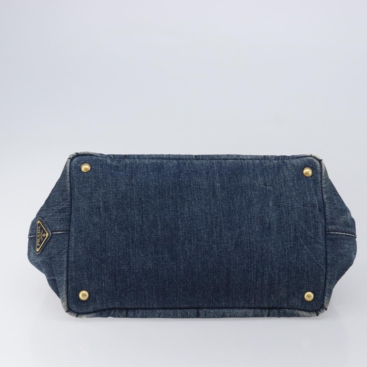 PRADA Canapa MM Hand Bag Denim Blue Gold Auth 201344