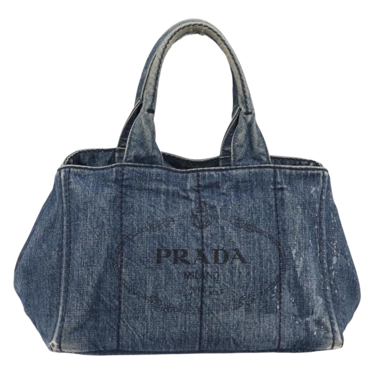 PRADA Canapa MM Hand Bag Denim Blue Gold Auth 201344