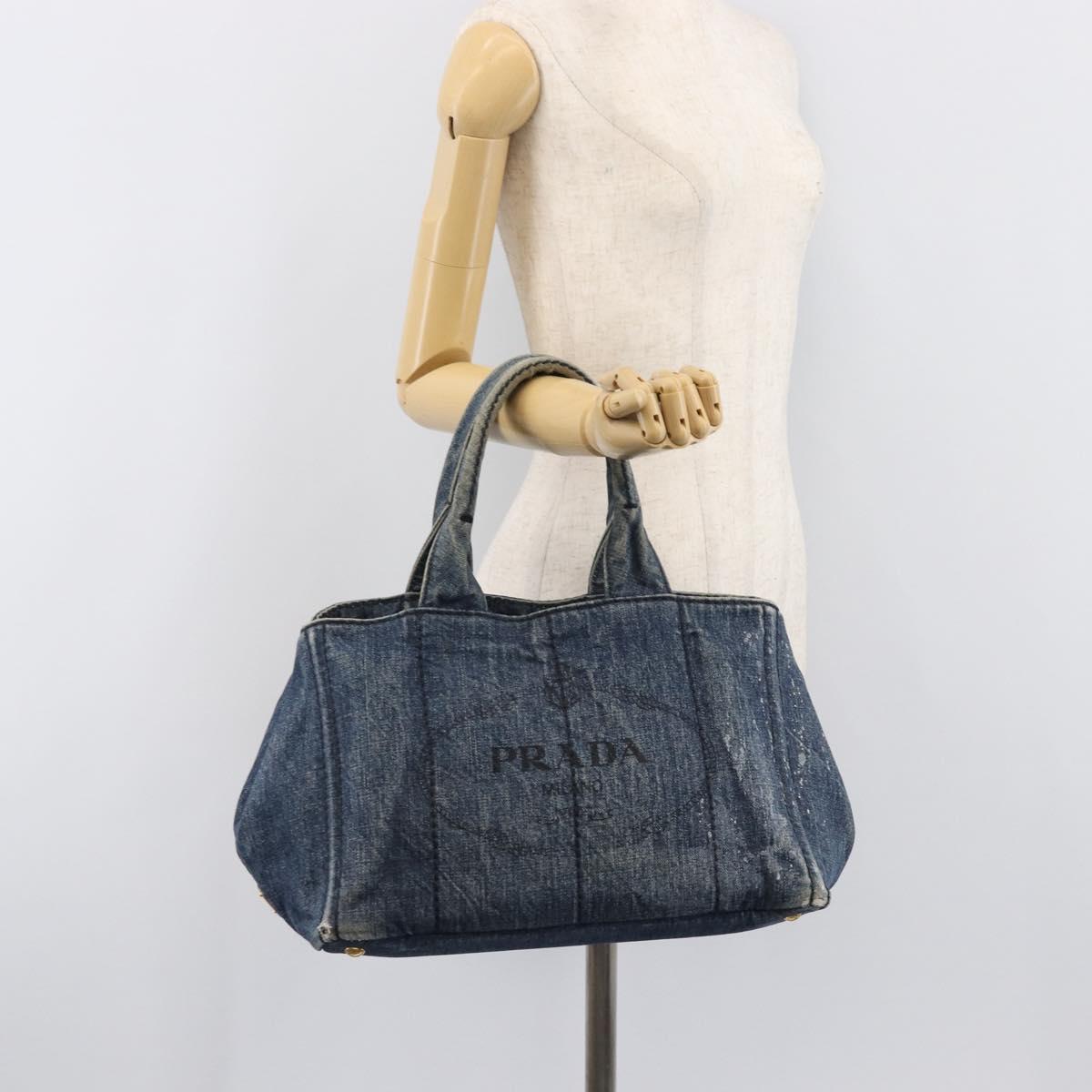 PRADA Canapa MM Hand Bag Denim Blue Gold Auth 201344