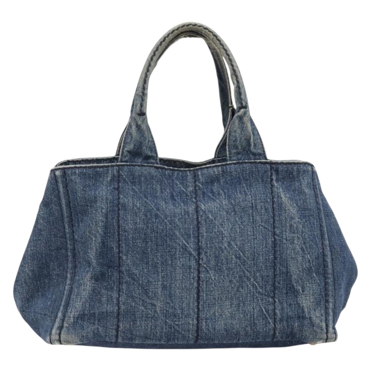 PRADA Canapa MM Hand Bag Denim Blue Gold Auth 201344