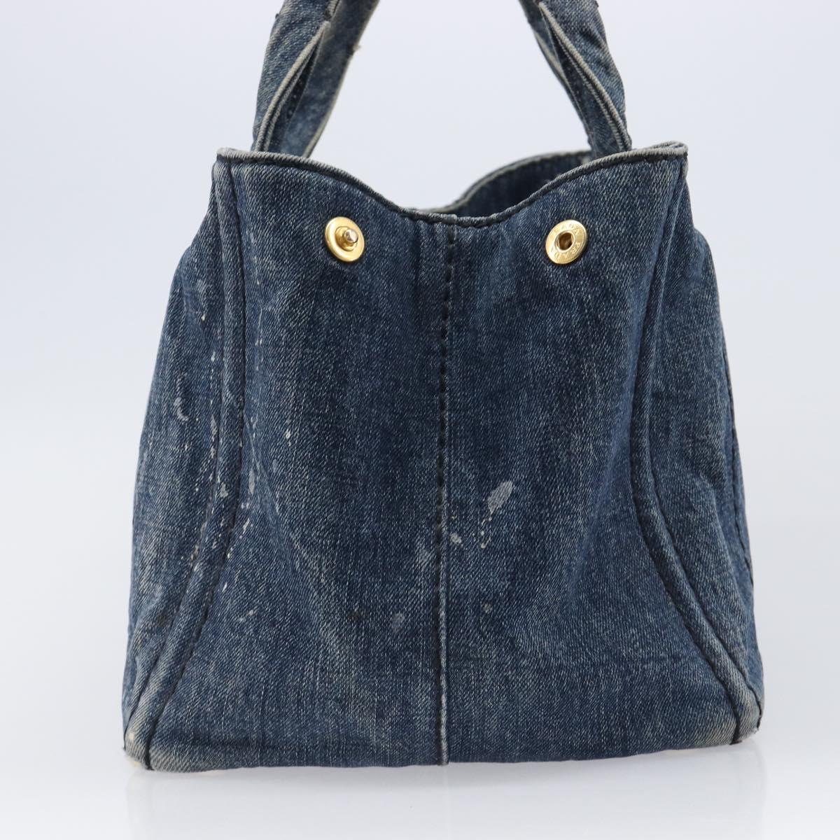 PRADA Canapa MM Hand Bag Denim Blue Gold Auth 201344