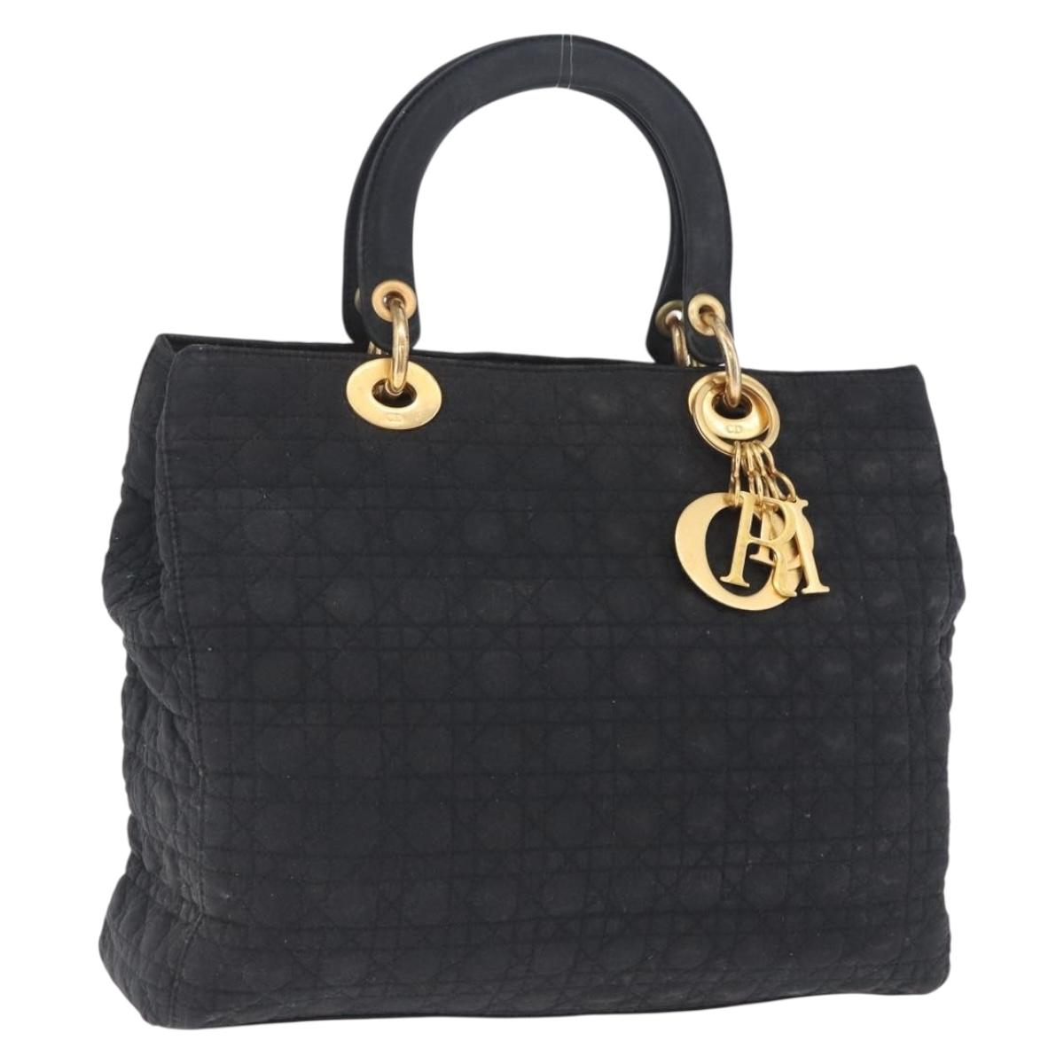 Christian Dior Lady Dior Canage Hand Bag Canvas Black Gold Auth 201352
