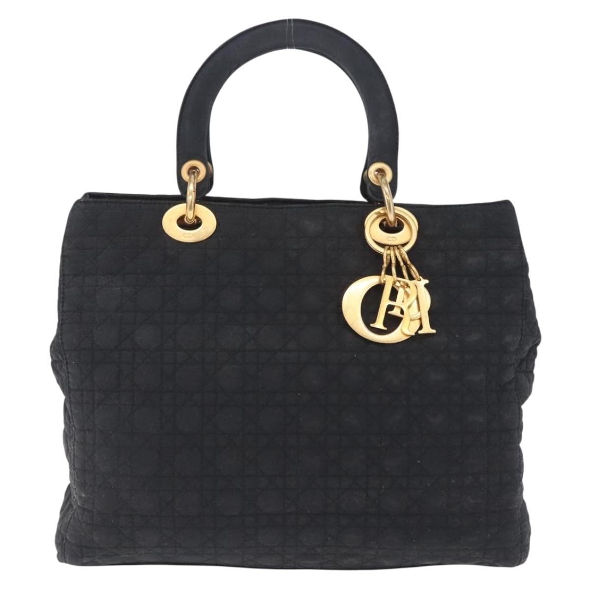 Christian Dior Lady Dior Canage Hand Bag Canvas Black Gold Auth 201352