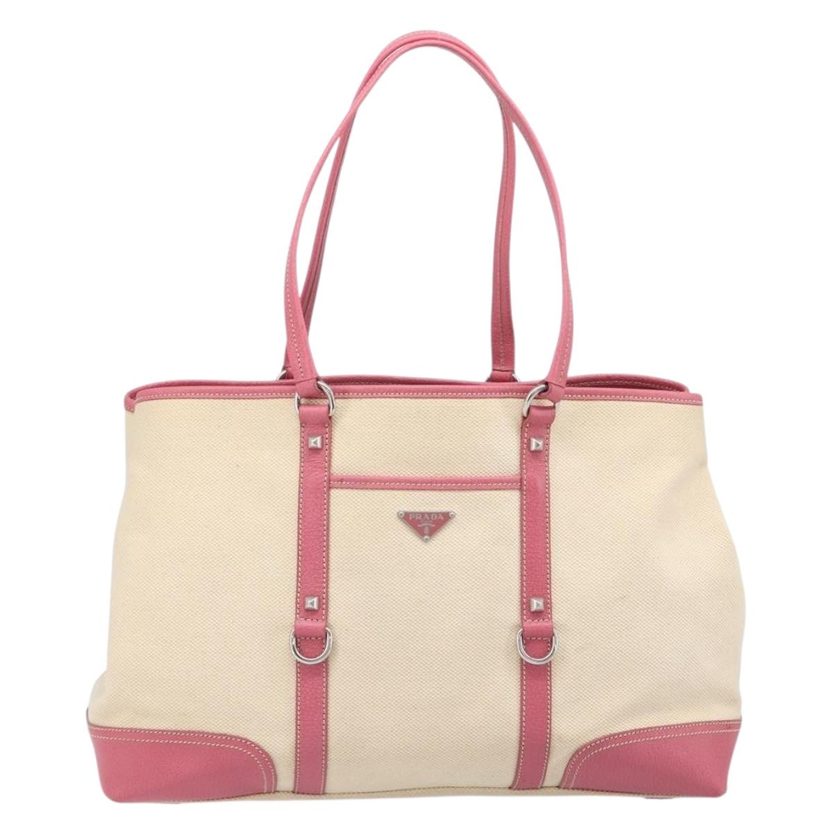 PRADA Tote Bag Canvas Ivory Silver Auth 201353V