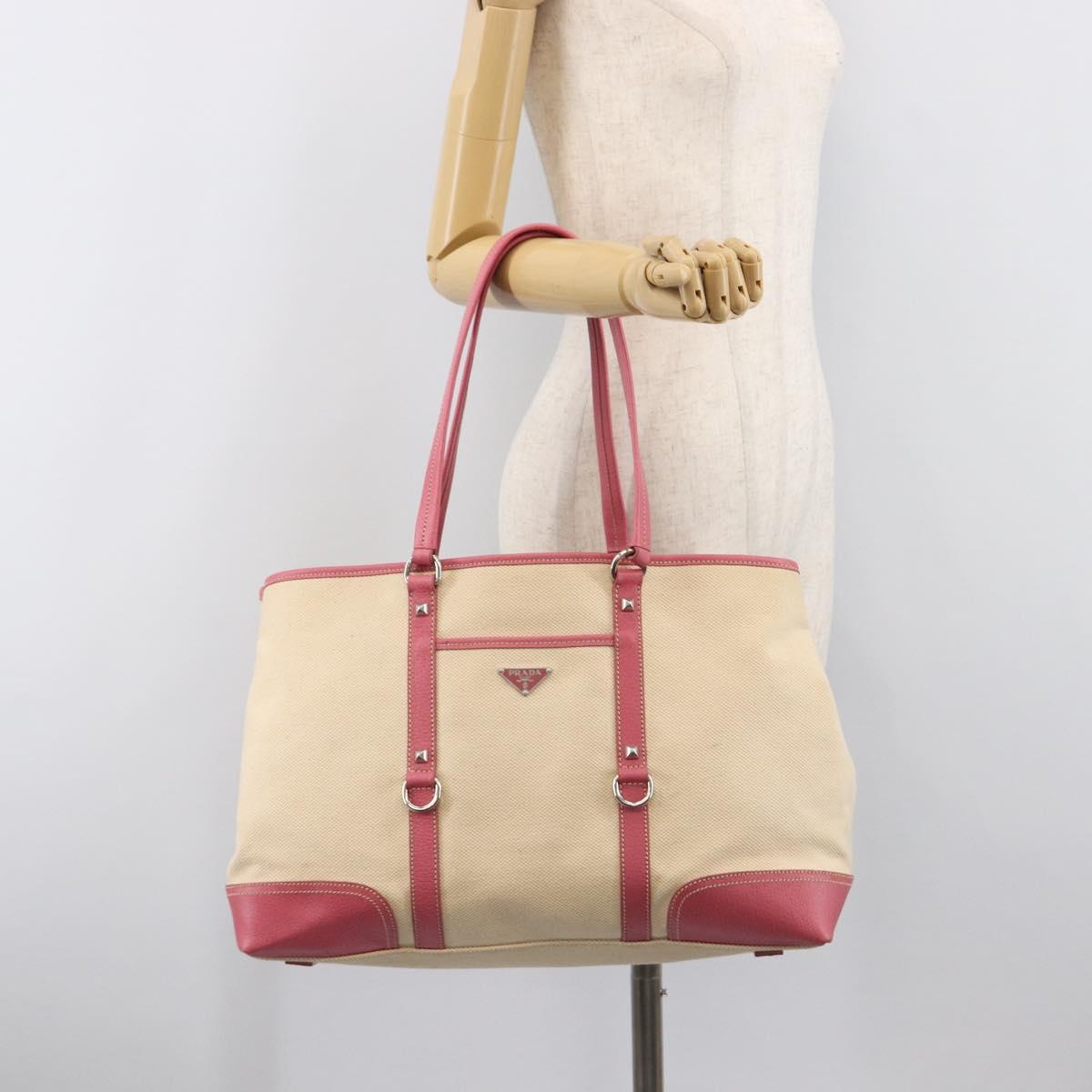 PRADA Tote Bag Canvas Ivory Silver Auth 201353V