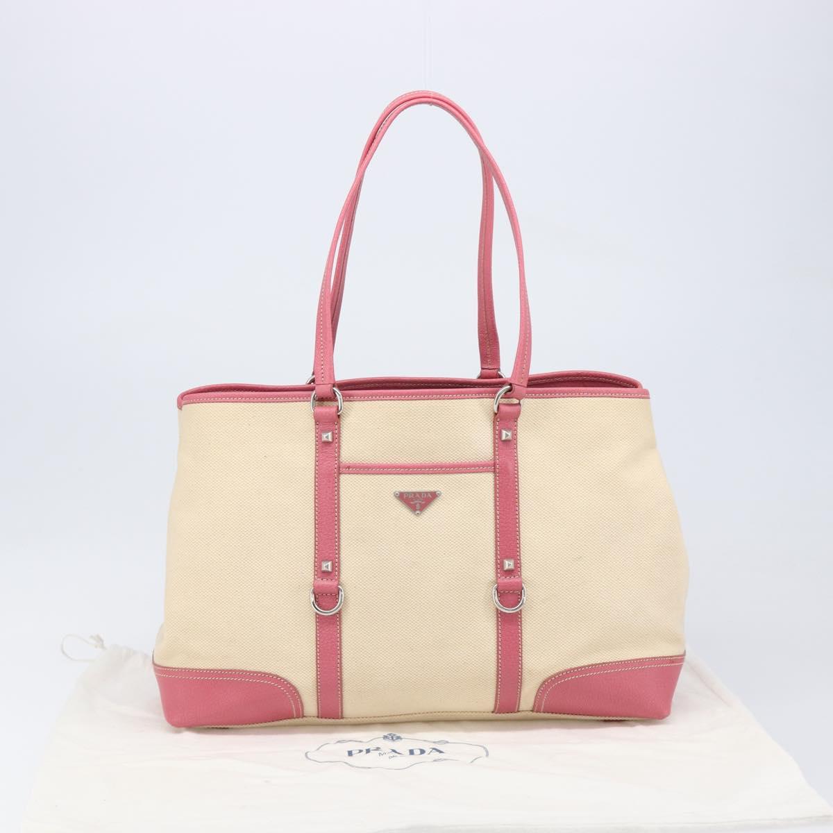PRADA Tote Bag Canvas Ivory Silver Auth 201353V
