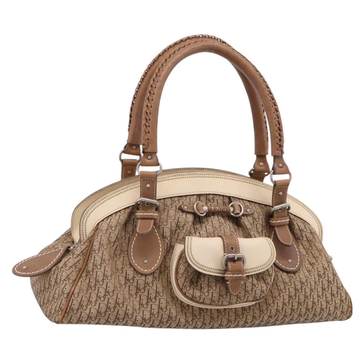 Christian Dior Street Chic Trotter Canvas Hand Bag Beige Silver Auth 201360A