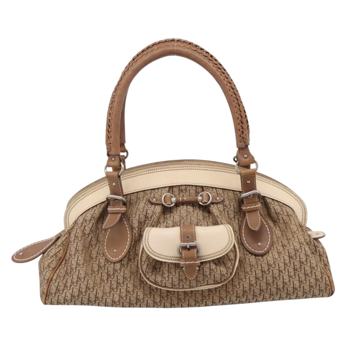 Christian Dior Street Chic Trotter Canvas Hand Bag Beige Silver Auth 201360A