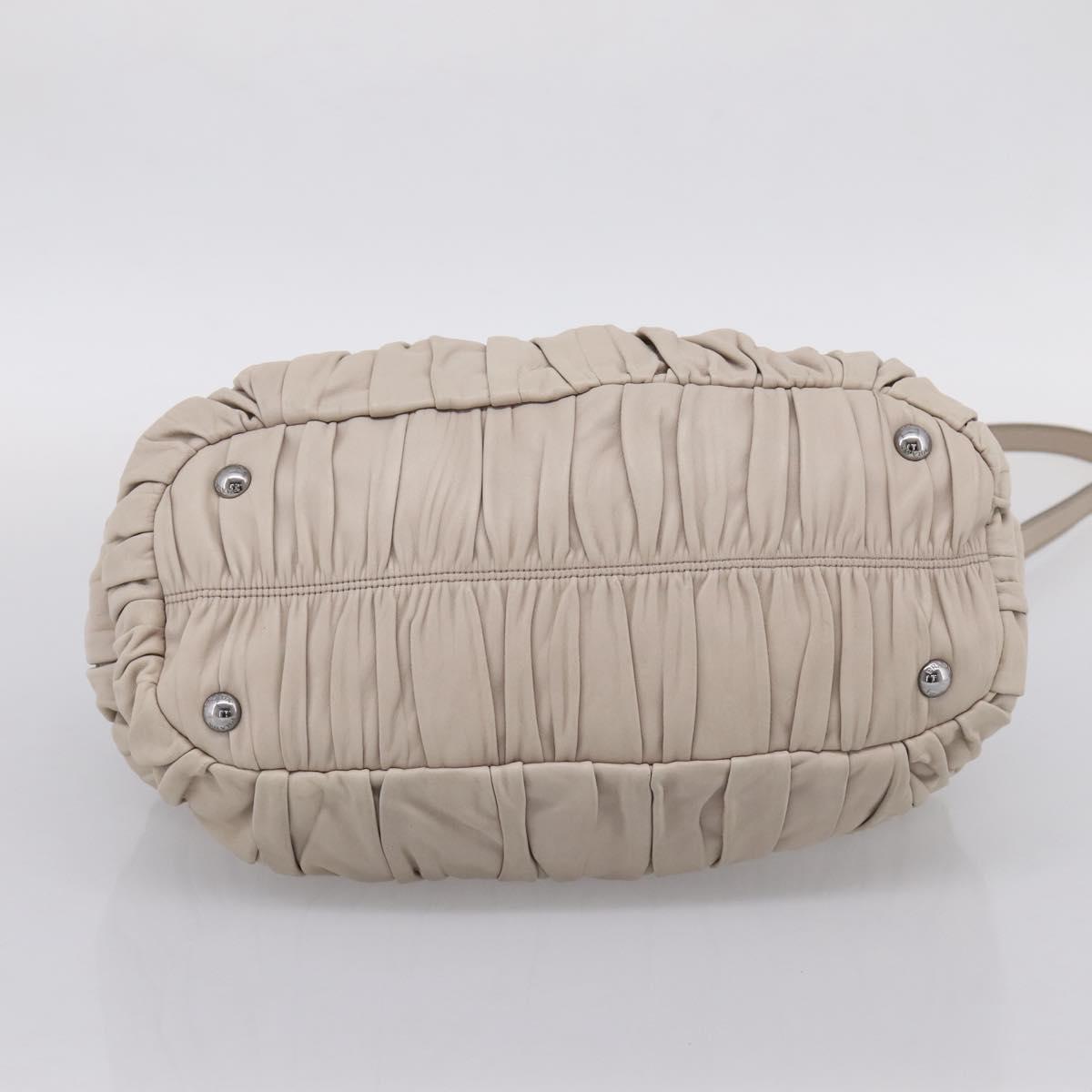 PRADA Gathered Hand Bag Leather 2way Beige Silver Auth 201361V