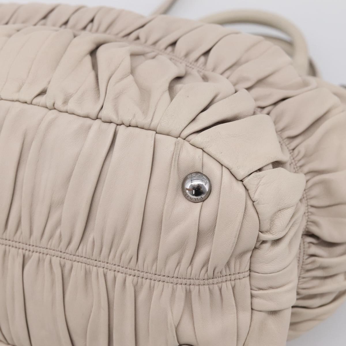 PRADA Gathered Hand Bag Leather 2way Beige Silver Auth 201361V