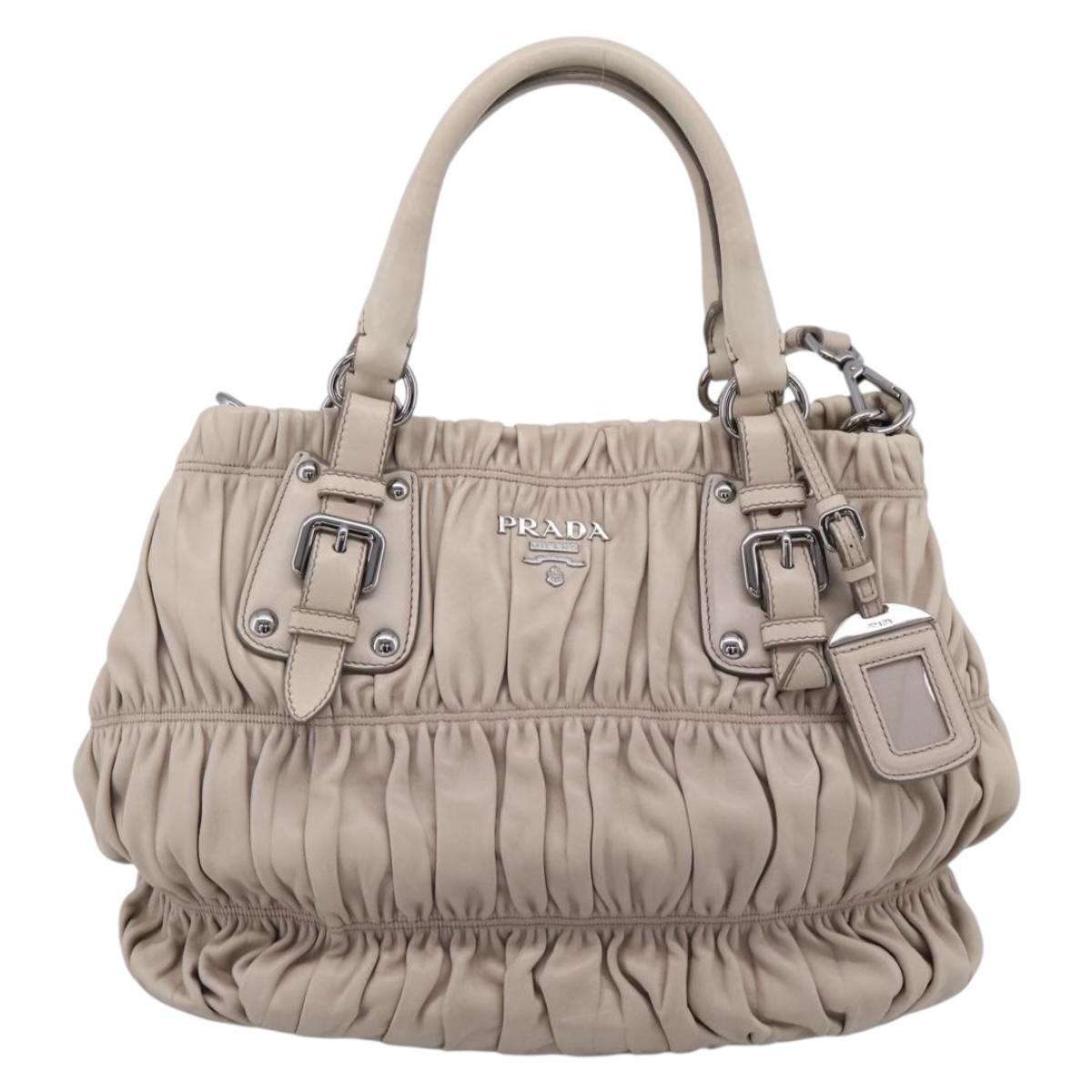 PRADA Gathered Hand Bag Leather 2way Beige Silver Auth 201361V