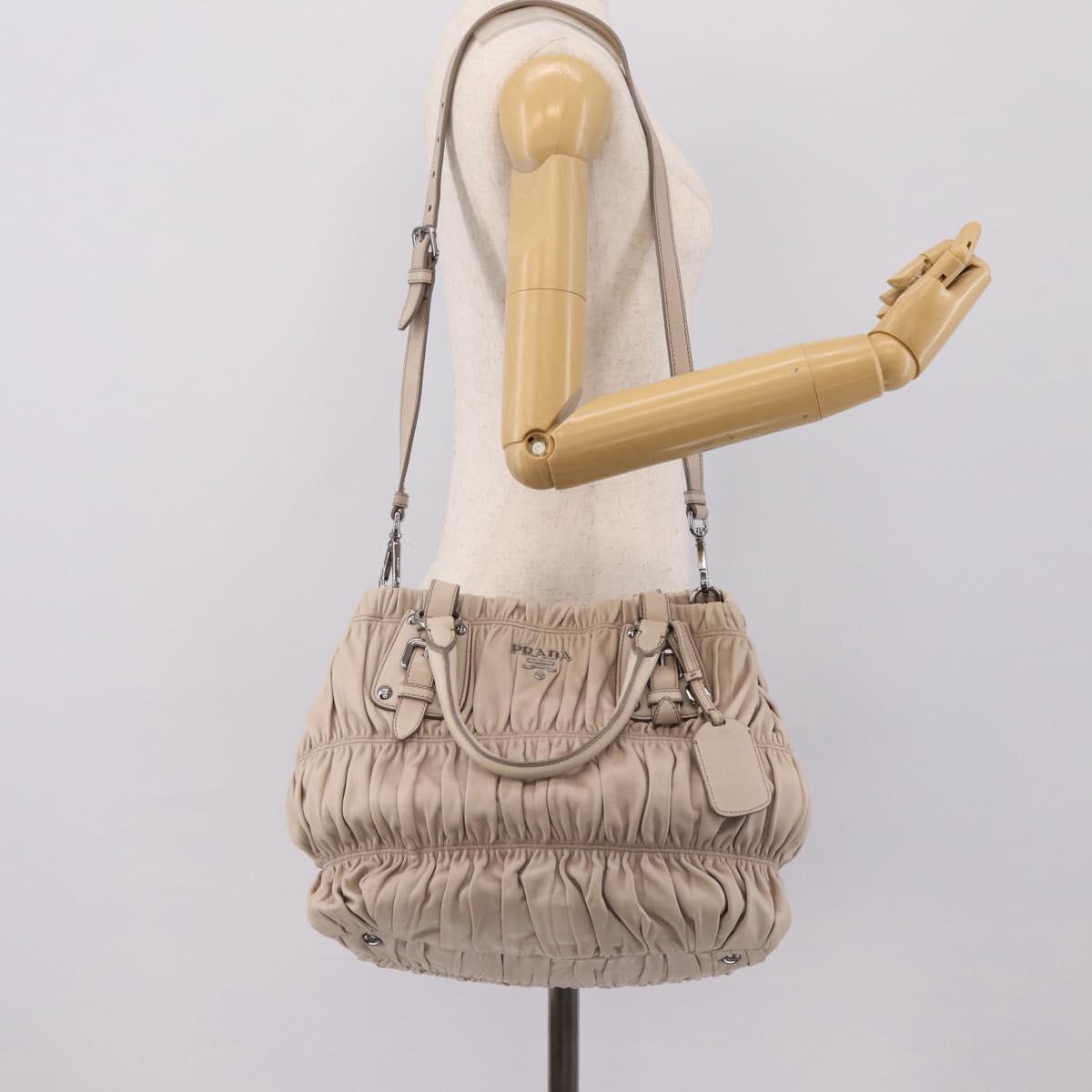 PRADA Gathered Hand Bag Leather 2way Beige Silver Auth 201361V