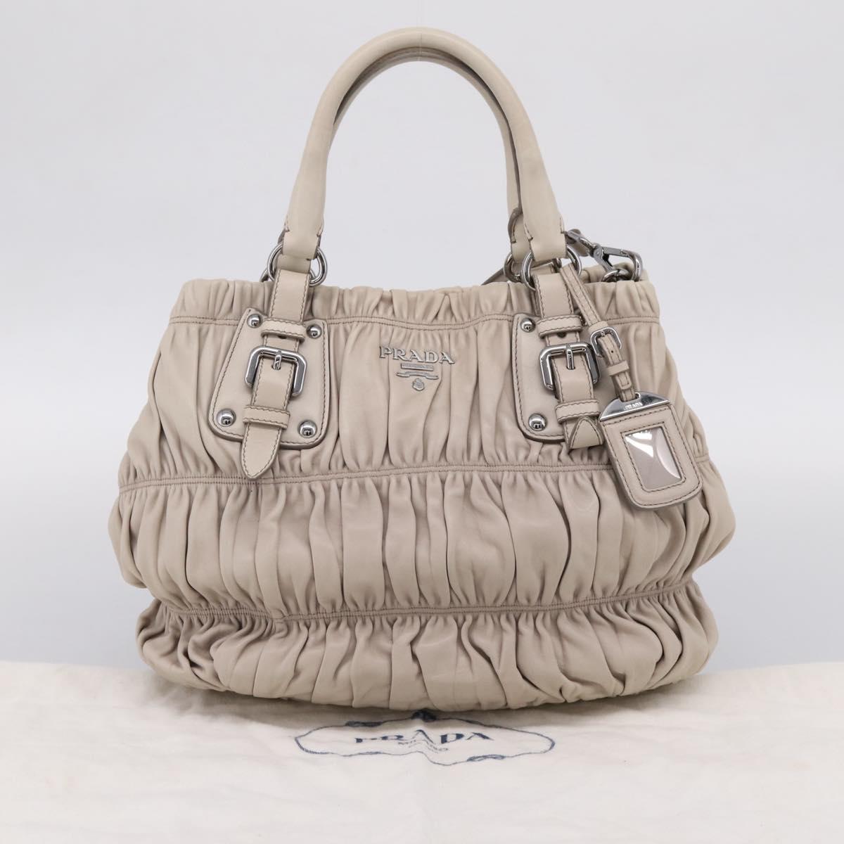 PRADA Gathered Hand Bag Leather 2way Beige Silver Auth 201361V