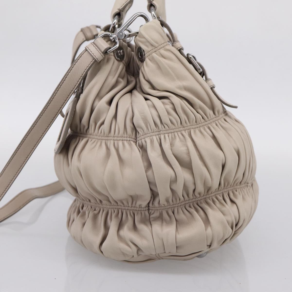 PRADA Gathered Hand Bag Leather 2way Beige Silver Auth 201361V