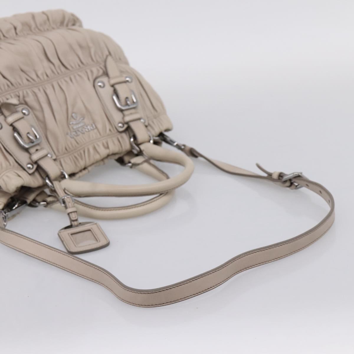 PRADA Gathered Hand Bag Leather 2way Beige Silver Auth 201361V