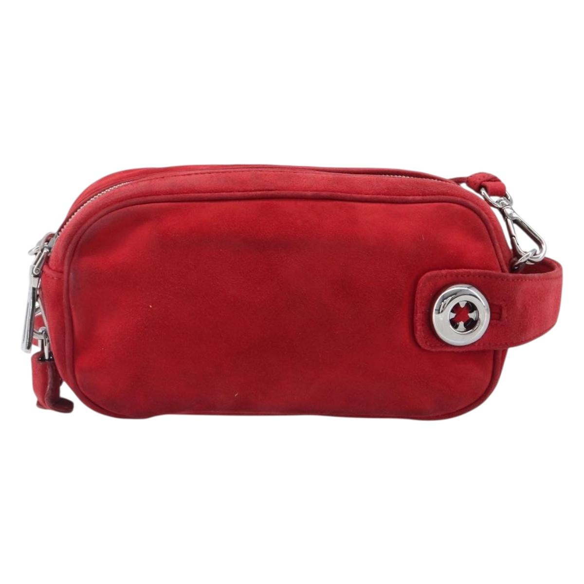 PRADA Shoulder Bag Suede Red Silver Auth 201372