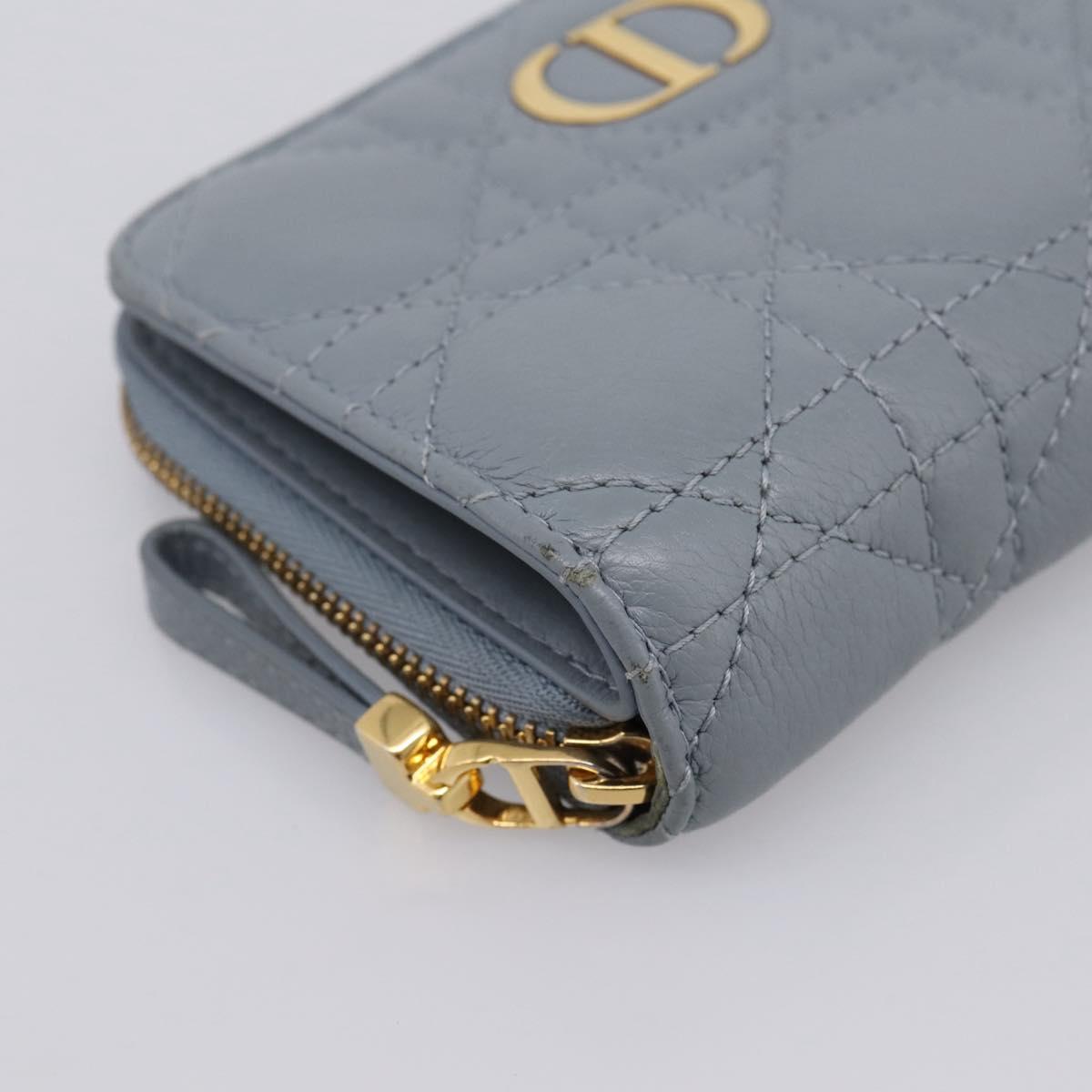 Christian Dior Caro Bifold Wallet Leather Blue Gold Auth 201373A