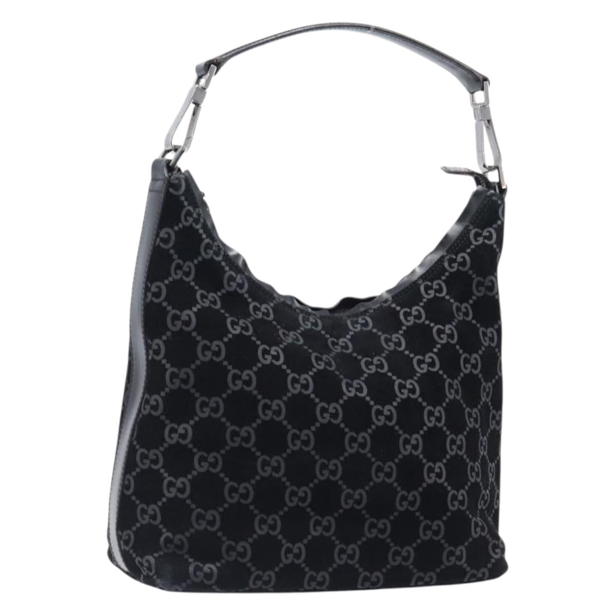 GUCCI GG Canvas Shoulder Bag Suede Black Silver 000 0602 Auth 201375V