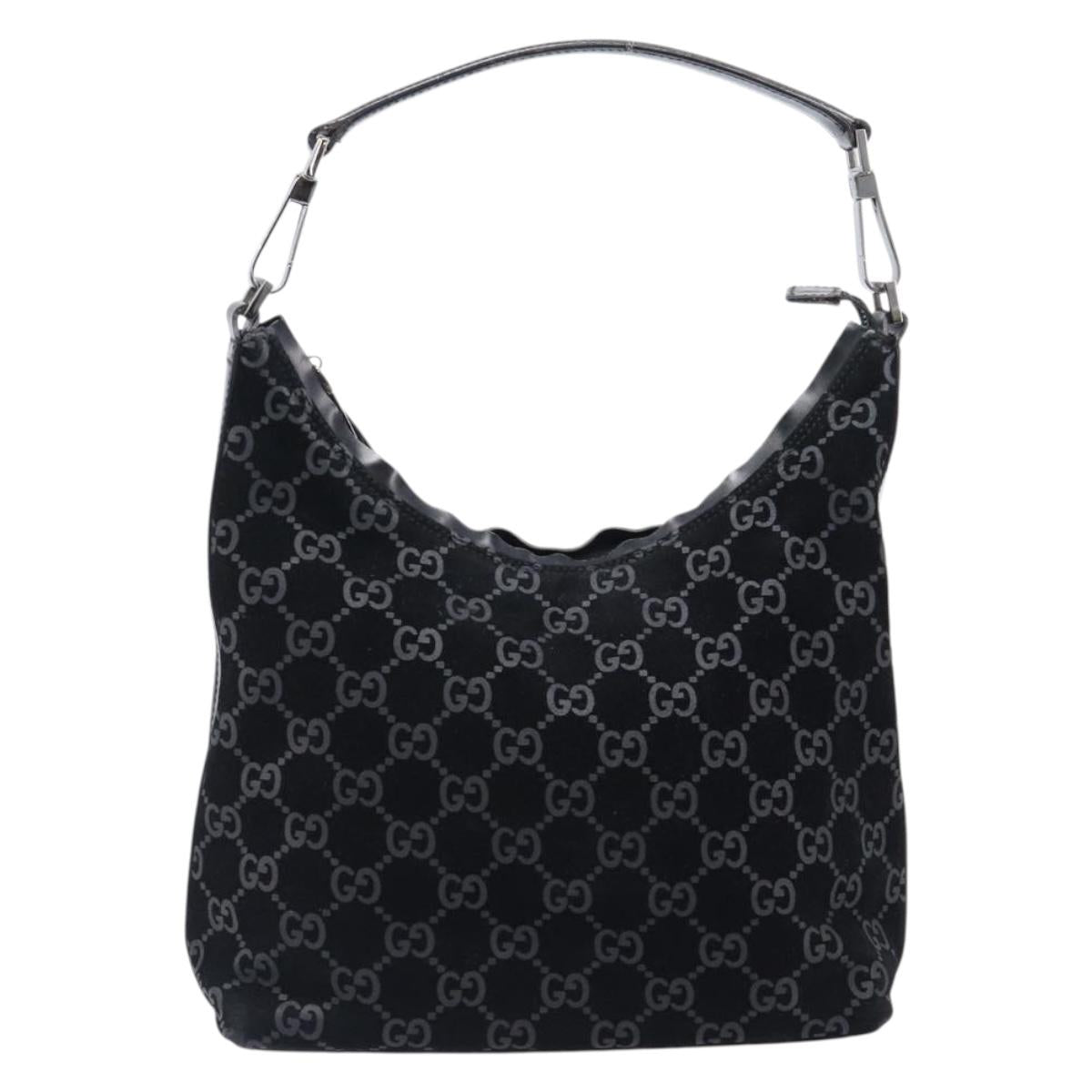 GUCCI GG Canvas Shoulder Bag Suede Black Silver 000 0602 Auth 201375V