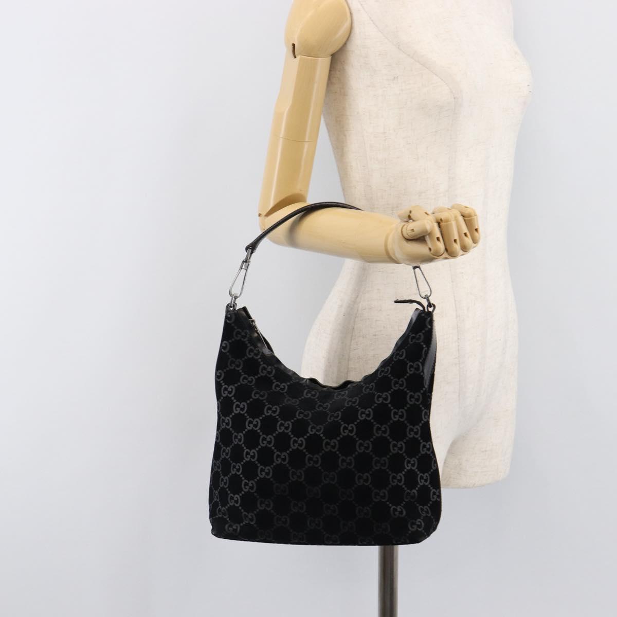 GUCCI GG Canvas Shoulder Bag Suede Black Silver 000 0602 Auth 201375V