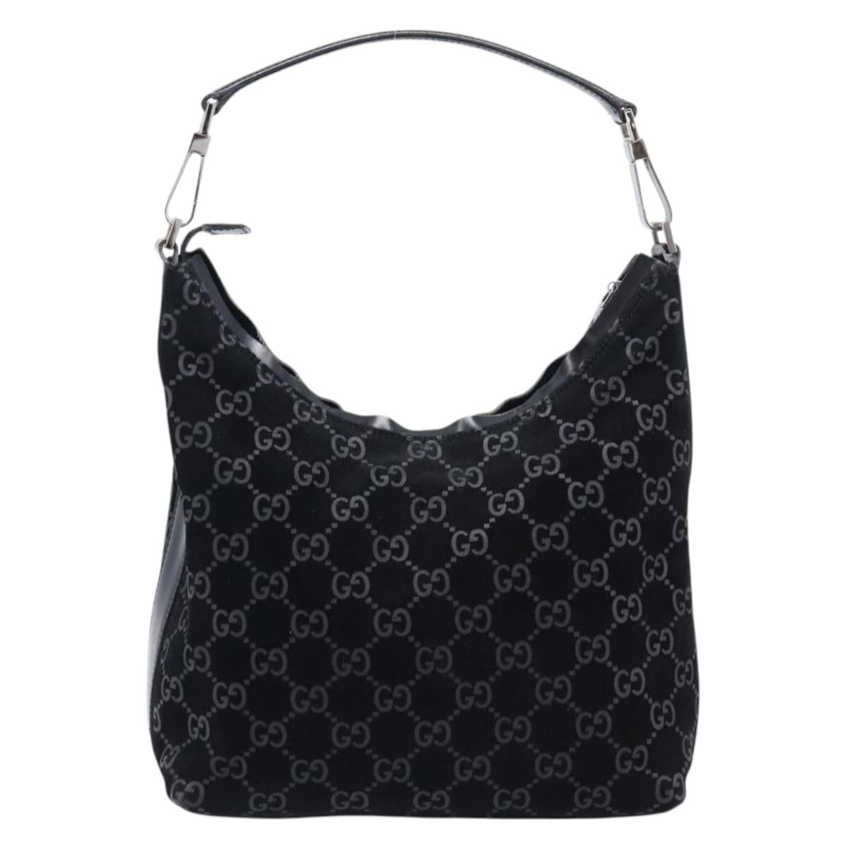 GUCCI GG Canvas Shoulder Bag Suede Black Silver 000 0602 Auth 201375V