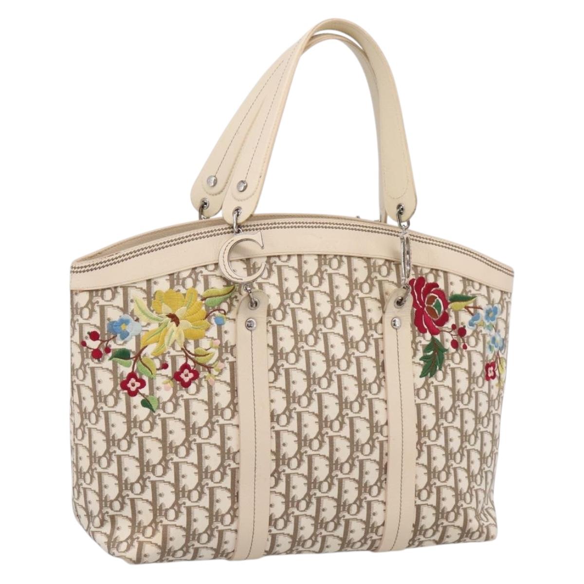 Christian Dior Trotter Canvas Hand Bag Beige Silver Auth 201379M