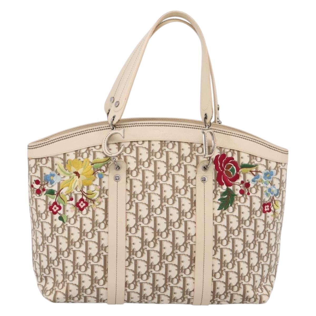 Christian Dior Trotter Canvas Hand Bag Beige Silver Auth 201379M