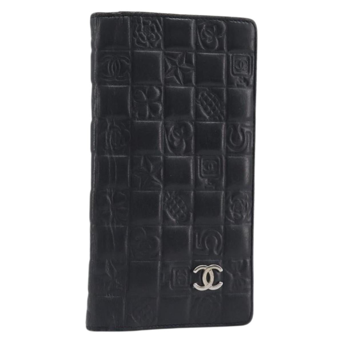 CHANEL Icon Line COCO Mark Long Wallet Leather Black Silver CC Auth 201385