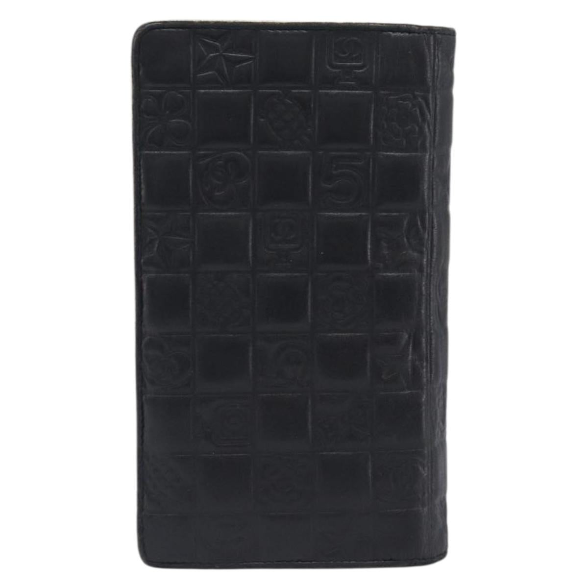 CHANEL Icon Line COCO Mark Long Wallet Leather Black Silver CC Auth 201385