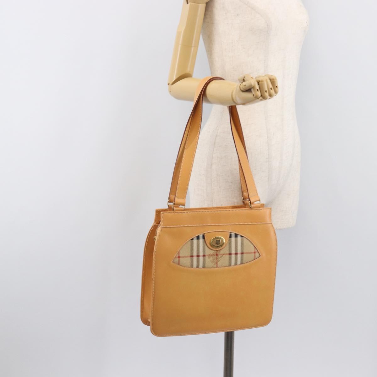 Burberrys Nova Check Shoulder Bag Leather Beige Gold Auth 201388