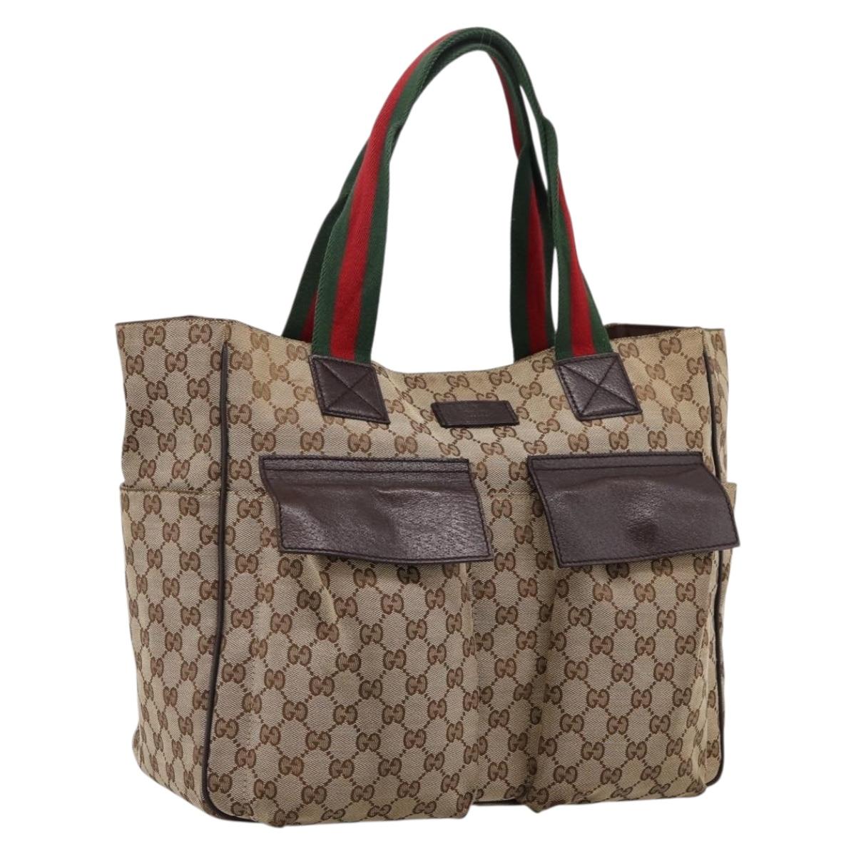 GUCCI GG Canvas Web Sherry Line Tote Bag Beige Silver 161836 Auth 201390A